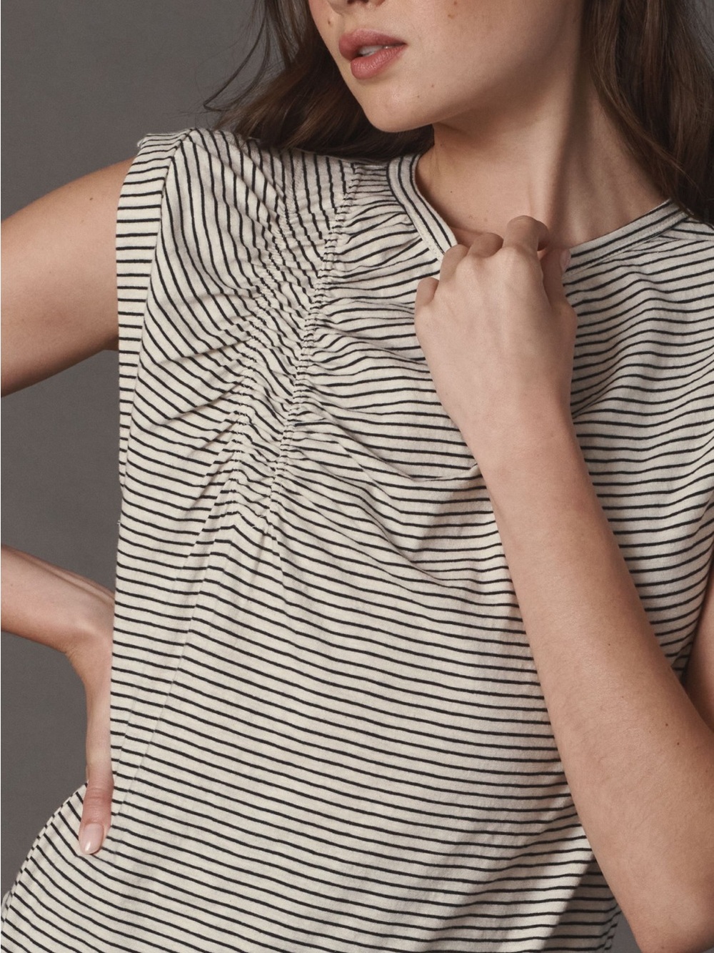 Pilcro Black & White Striped Ruched Muscle Tee
